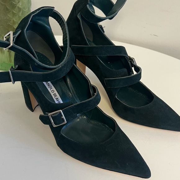 NEW ❗️Manolo Blahnik Mary Jane Three Straps Dark Green Suede - Picture 1 of 7
